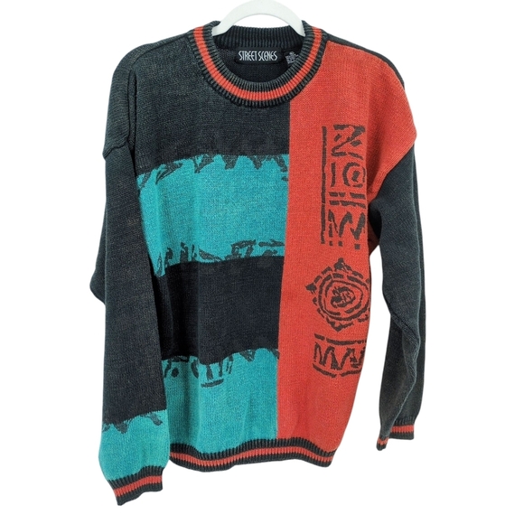 Vintage X Street Scenes VTG 80s 90s Colorblock Sweater Tribal‎ Streetwear XL - Picture 1 of 7